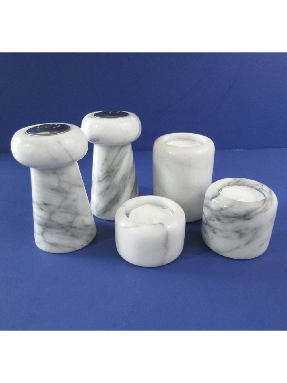 Vintage Gray & White Natural Stone Marble Salt & Pepper Shakers & Candle Holders